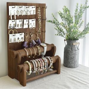 Wooden jewelry organizer display with hooks like new markets craft fair